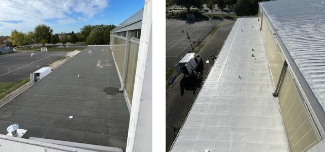 La ville de Bègles peint en blanc le toit de l’un de ses gymnases en vue d’abaisser les températures au sein du bâtiment en période estivale